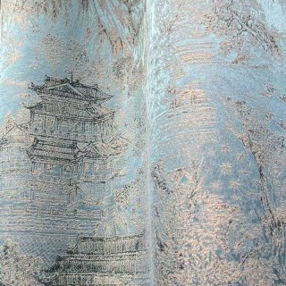 Temple Tranquility Jacquard Chinoiserie Blue Floral Curtain 3