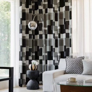 Urban Grid Monochrome Black White and Grey Chenille Geometric Curtain 2