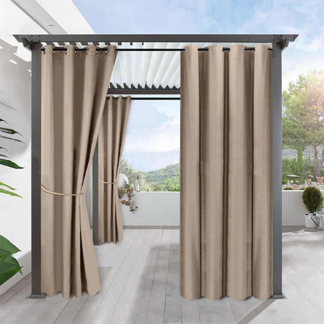 Del Mar Waterproof Blackout Mocha Light Brown Linen Style Outdoor Curtain 1