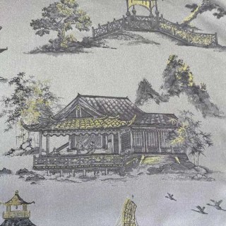 Pagoda & Junk Boat Chinoiserie Cream Satin Floral Curtain 1