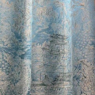 Temple Tranquility Jacquard Chinoiserie Teal Blue Floral Curtain