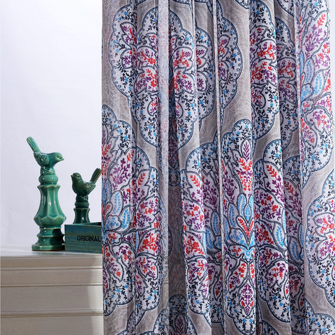 Harmony Lotus Paisley Flower Blue Red Purple Boho Semi Sheer Curtain 1