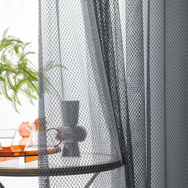 Enmeshed Diamond Grid Dark Grey Net Curtain 1