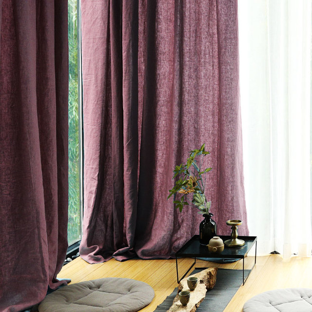 Wabi Sabi Pure Flax Linen Burgundy Heavy Semi Sheer Voile Curtain 1