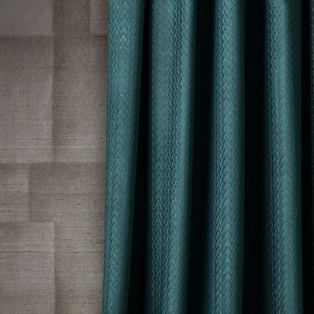 Scandinavian Basketweave Textured Teal Velvet Blackout Curtains 1