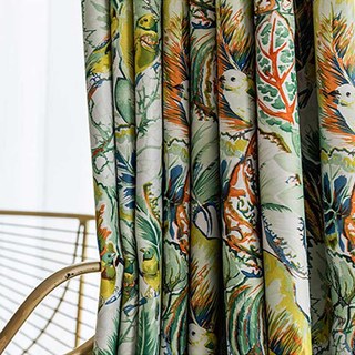 Vibrant Vista Tropical Leaves and Birds Multi Coloured Curtain 2