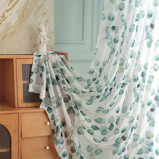 Misty Eucalyptus Green Leaf Watercolour Floral Voile Curtains 5