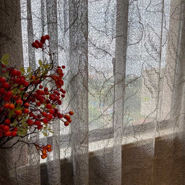 Gold Leaves Embroidered Gray & Gold Mesh Net Curtain 1